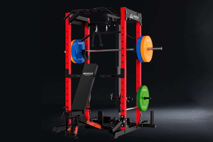 An all in one red and black power rack