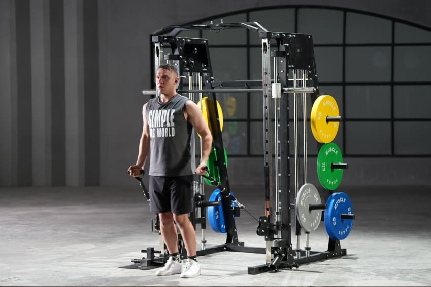 A man is using cable system on smith machine to exercise his arm