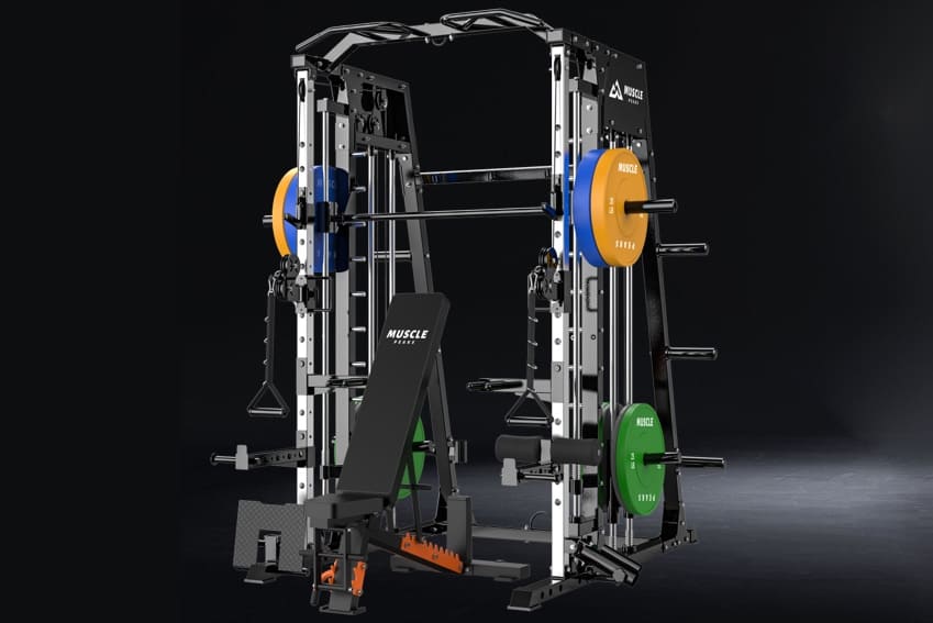 An all in one smith machine which has weight bench and barbell and cable system and etc.