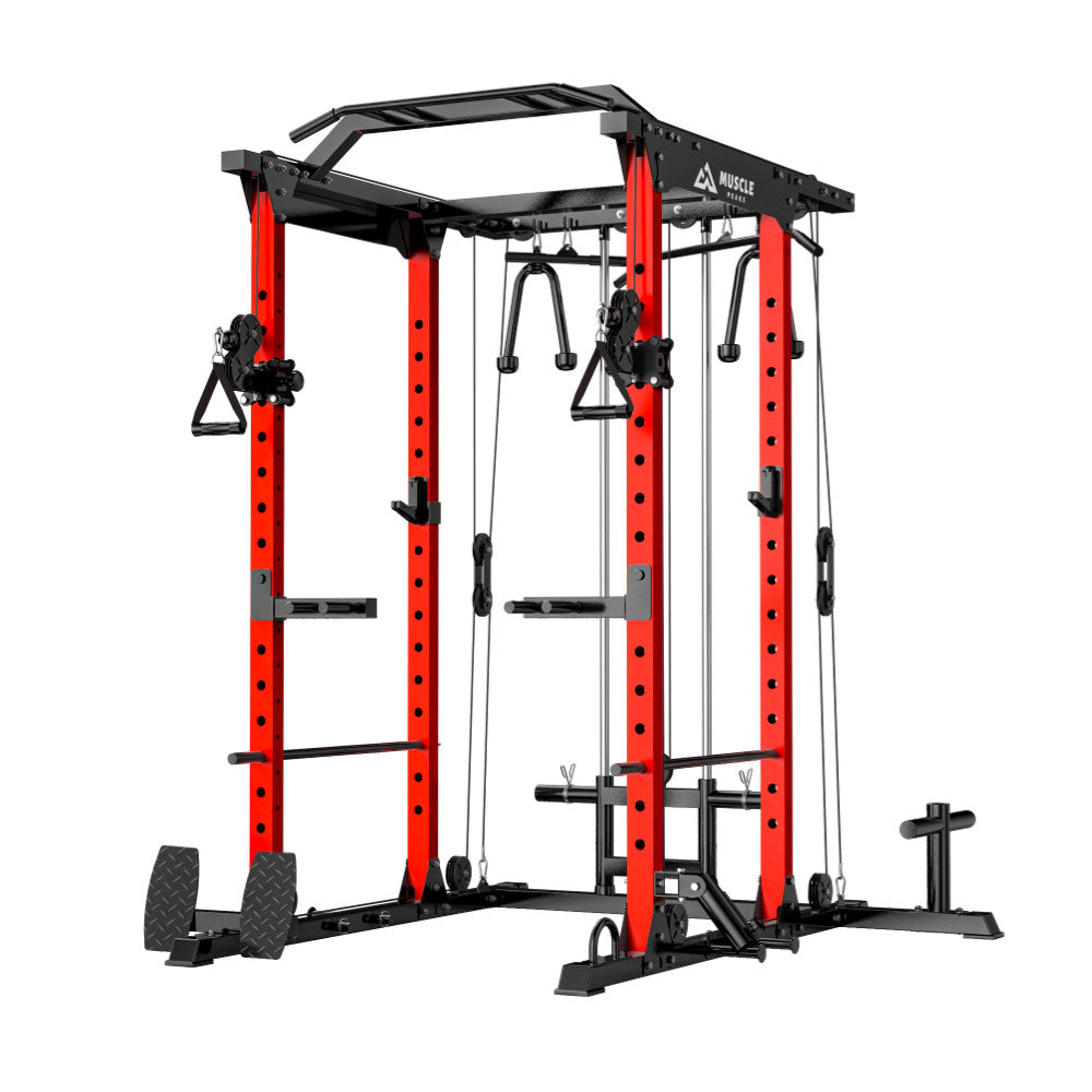 A red and black  all in one power rack with cable system