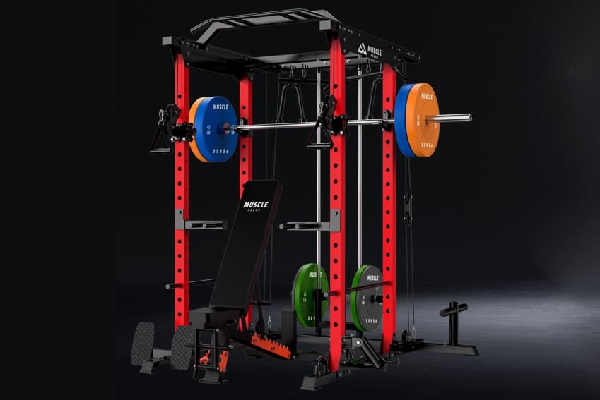 An all in one red and black power rack with weight bench and barbell and pull-up bar and etc.