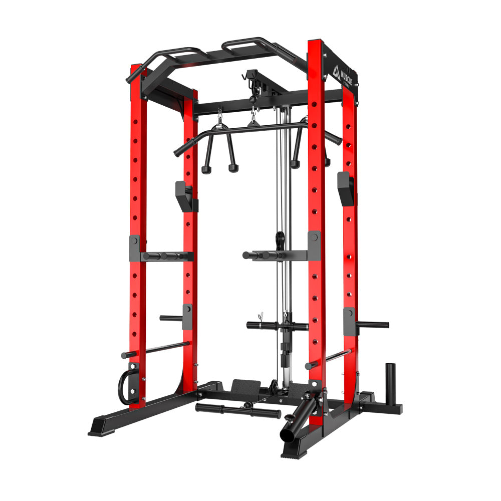 A red and black power rack, rack only.