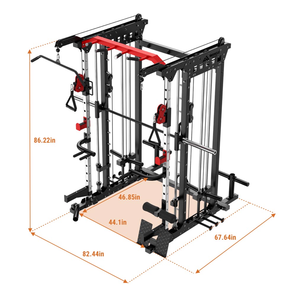 A red and black smith machine which size is 86.22in*82.44in*67.64in