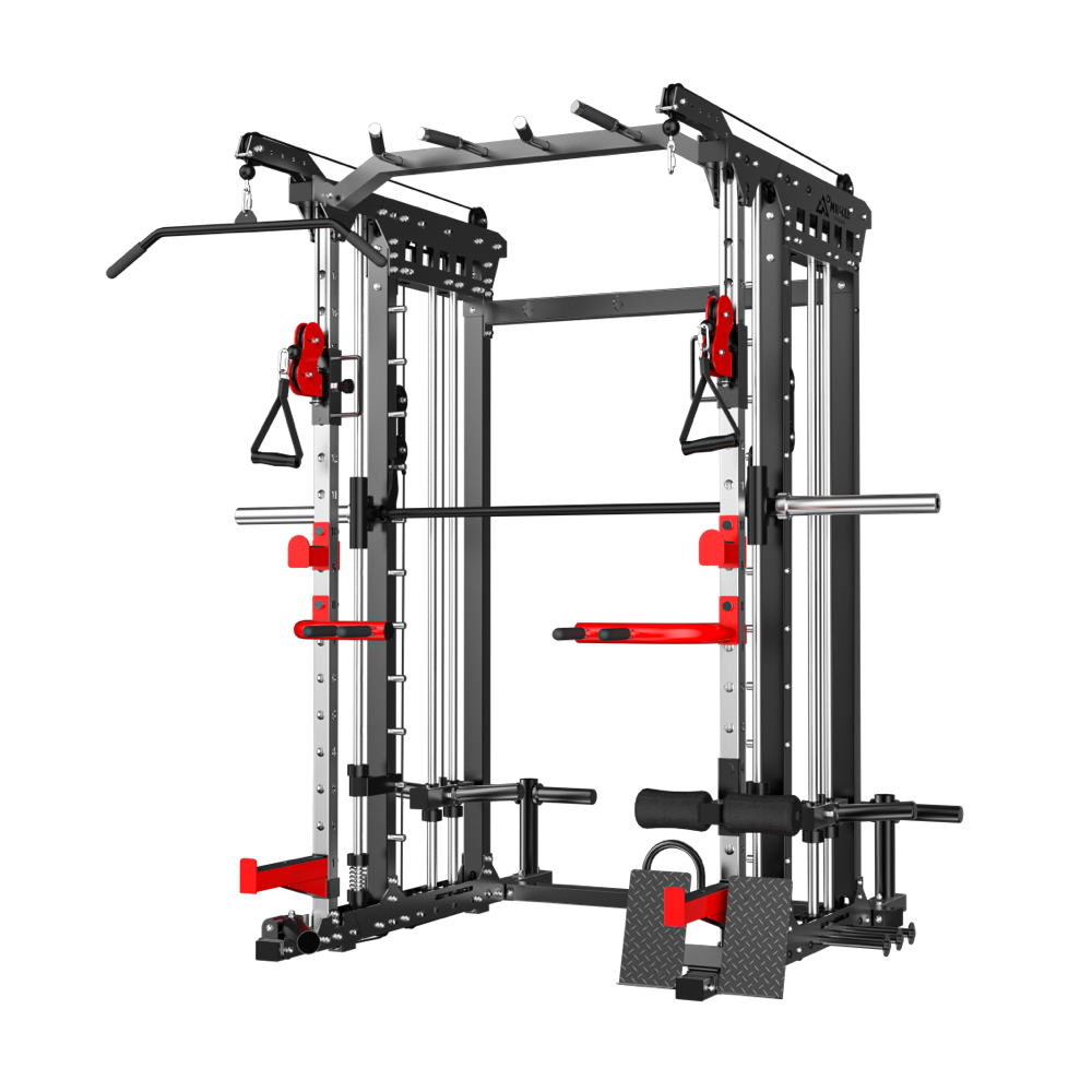 A red and black smith machine