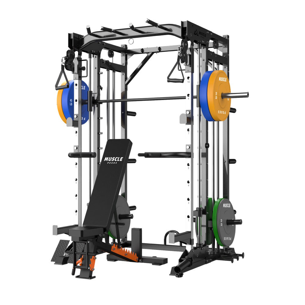 An all in one smith machine which has row, cable column, adjustable weight bench and etc.