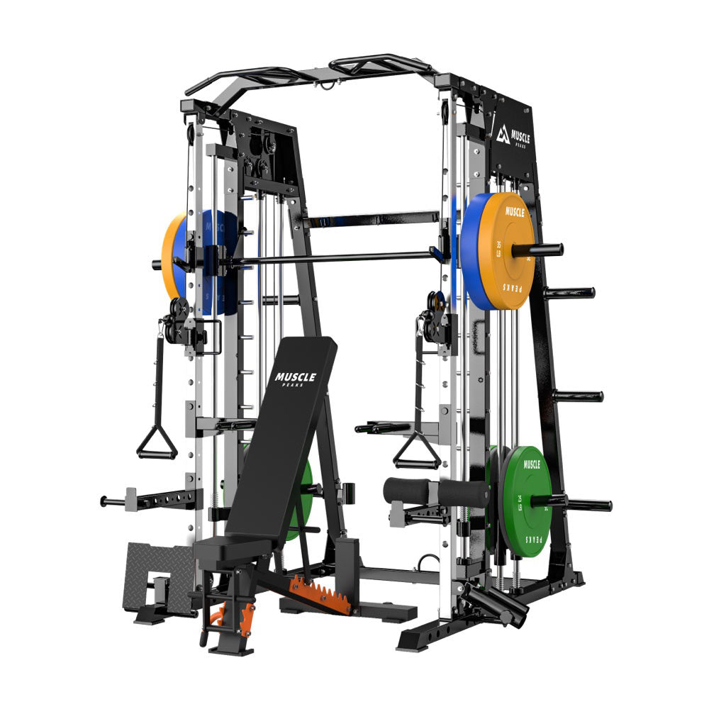 An all in one smith machine which has barbell and adjustable weight bench and sover machine, military press, seated row machine and etc.