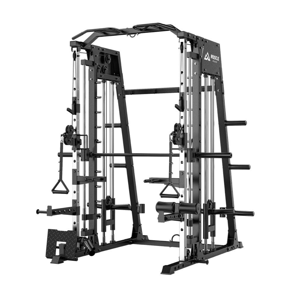 An all in one black smith machine which has cable system and pull-up bar, adjustable dual pulleys.