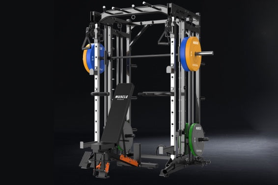 An all in one smith machine with adjustable weight bench, pull-up bar and etc.