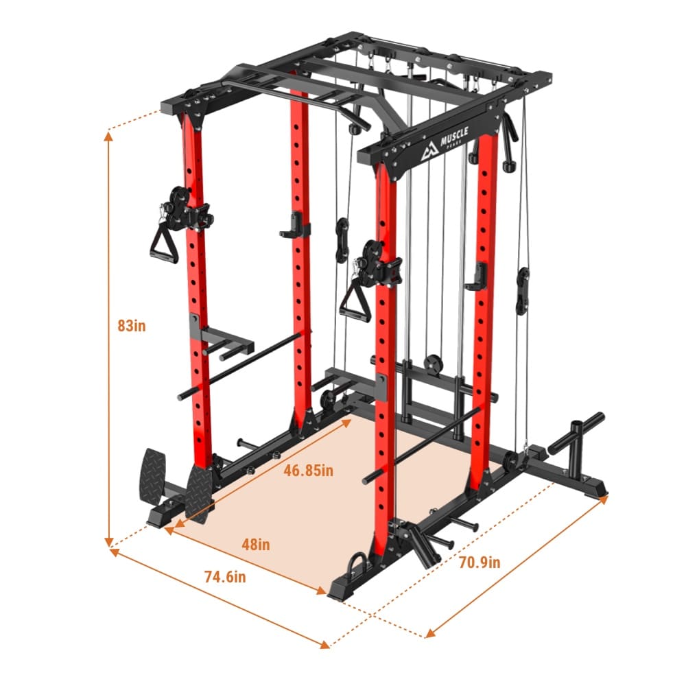 The size of red and black power rack which size is 83in*74.6in*70.9in