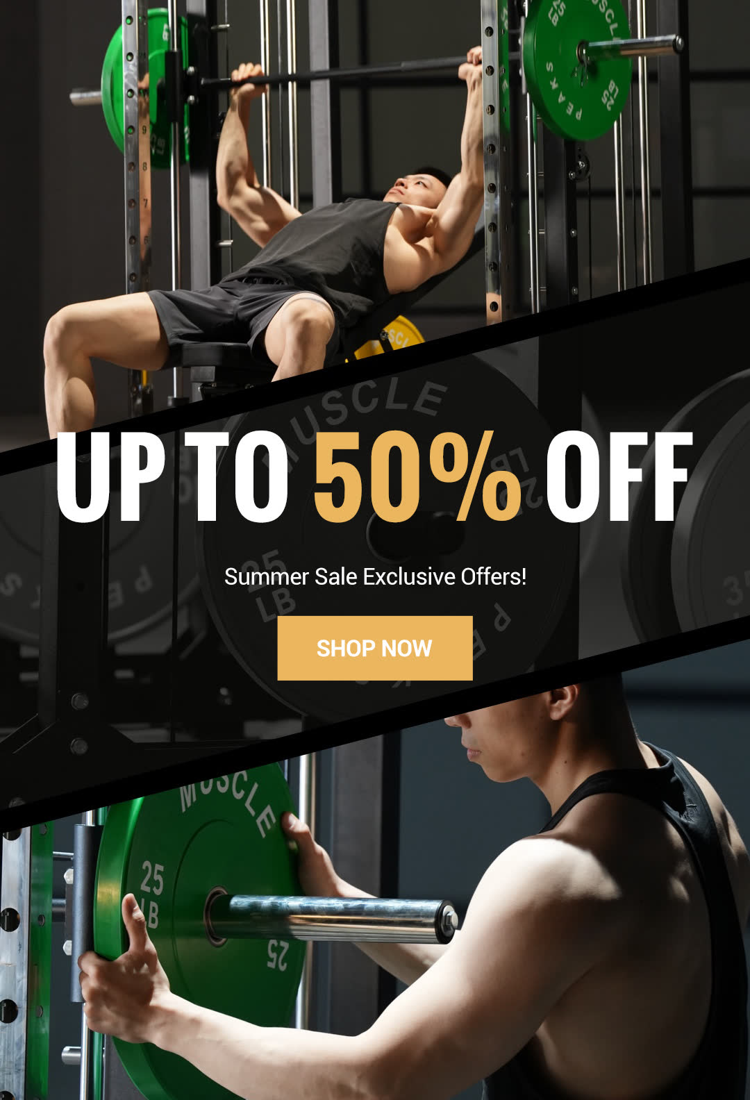 A man is working out on the smith machine. The smith machine is on sale up to 50% off