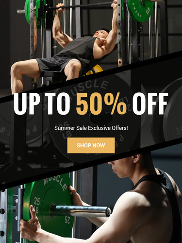 A man is working out on the smith machine. The smith machine is on sale up to 50% off