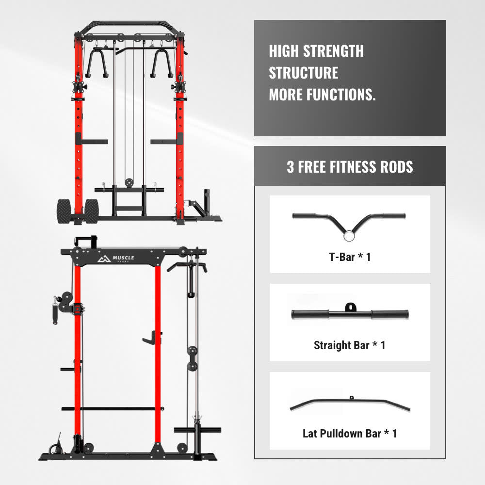 Rhino combines a power rack, cable crossover, pull-up bar, and landmine into one single trainer. You can enjoy significant cost efficiencies that surpass buying each component separately.