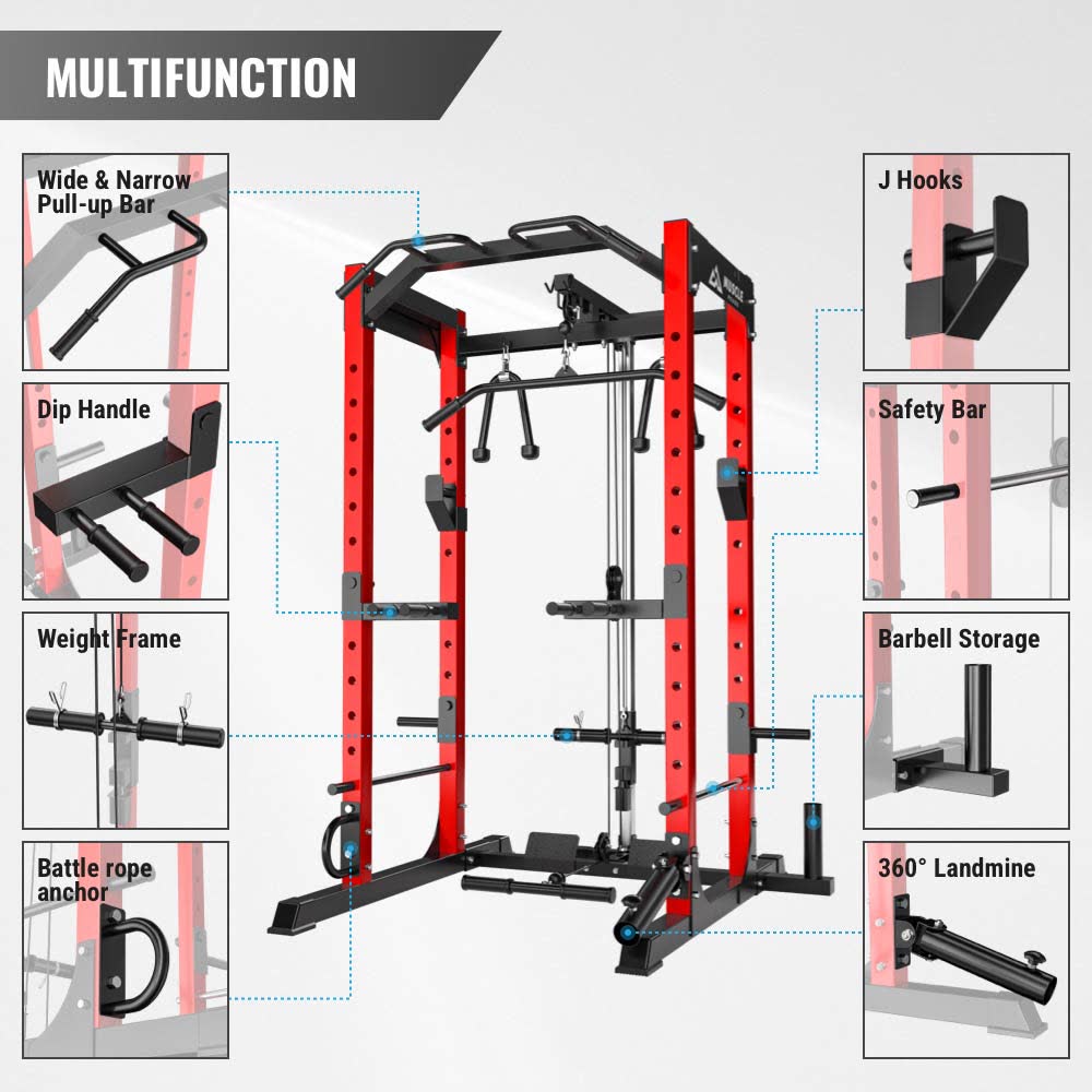 An all in one home gym power rack with safety bar, weight frame, battle rope anchor