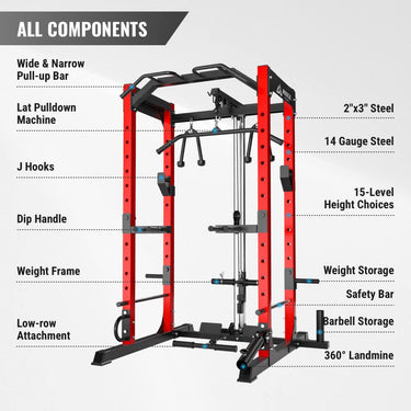 An all in one home gym power rack's all components. It has pull up bar, lat pulldown machine, 14 gauge steel and etc.