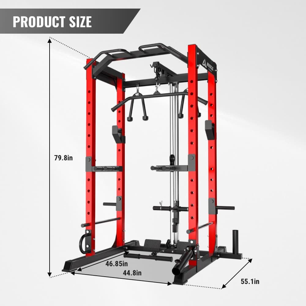 An all in one home gym power rack whis size is 79.8in *44.8in*55.1in