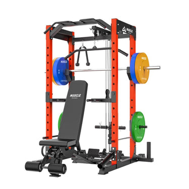 A all in one power rack with benchm, barbells and etc.