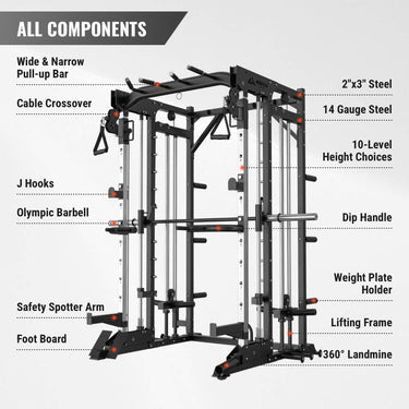 A black and silver smith machine's all components. It has wide & narrow pull-up bar, cable crossover, J hooks, barbell and etc.