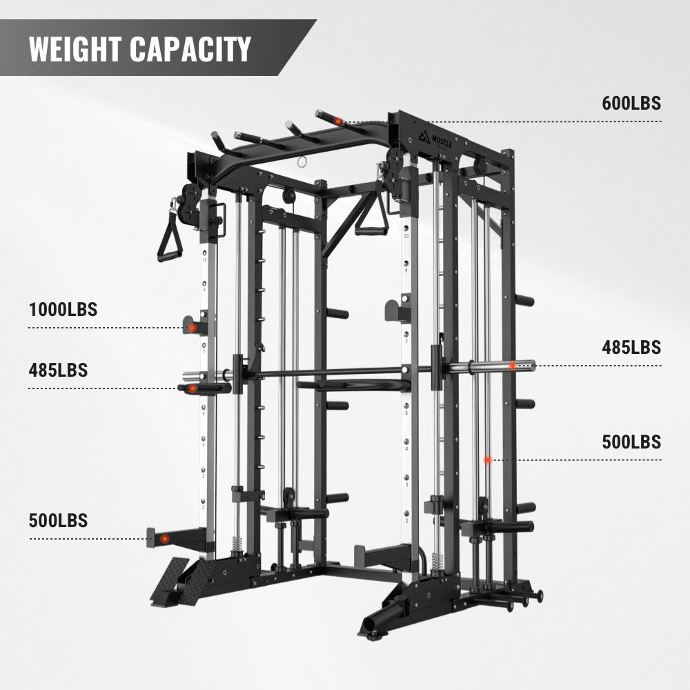 A black and silver smith machine which weight capacity is 485lbs-1000lbs