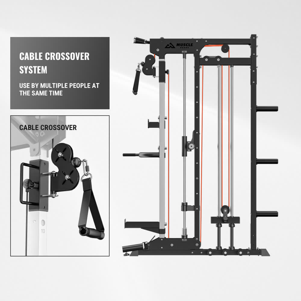 A side view of a black smith machine. You can its cable crossover system clearly.