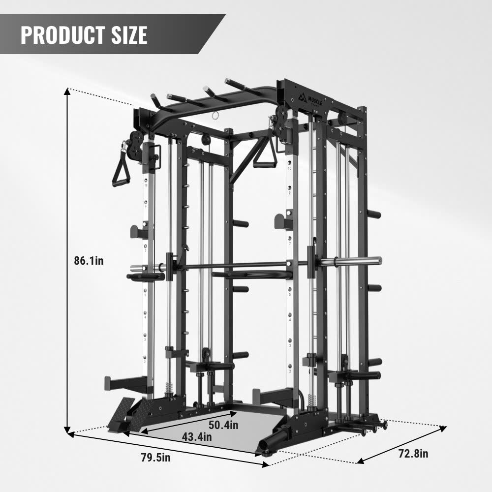 A black and sliver smith machine which size is 86.1in*79.5in*72.8in