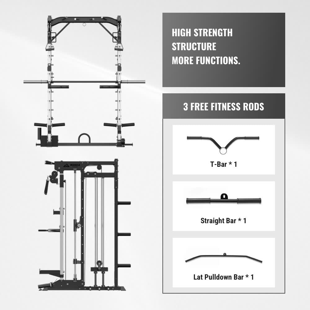 A front view and a side view of a black and silver smith machine which has 3 free fitness rods