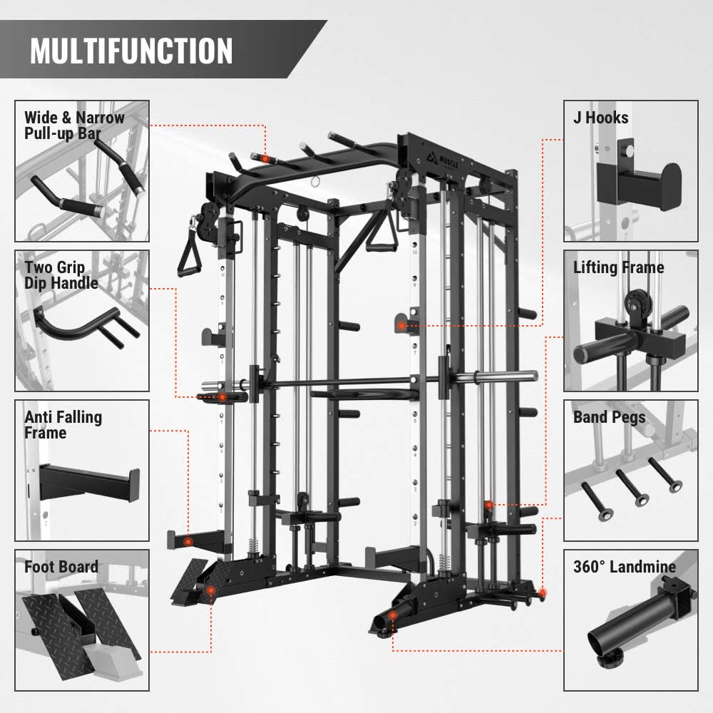 A multifuctional smith machine which has 360° landmine, foot board, anti falling frame, lifting frame and etc.