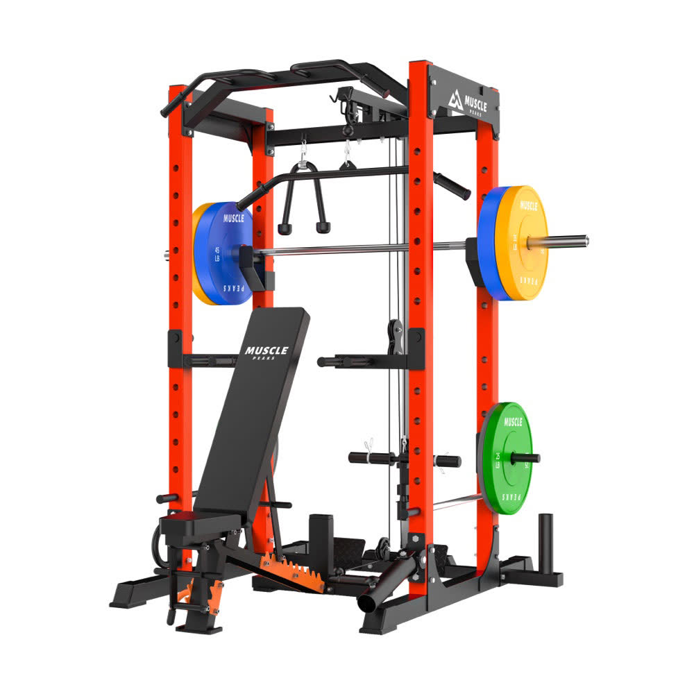 An red and black power rack with bench