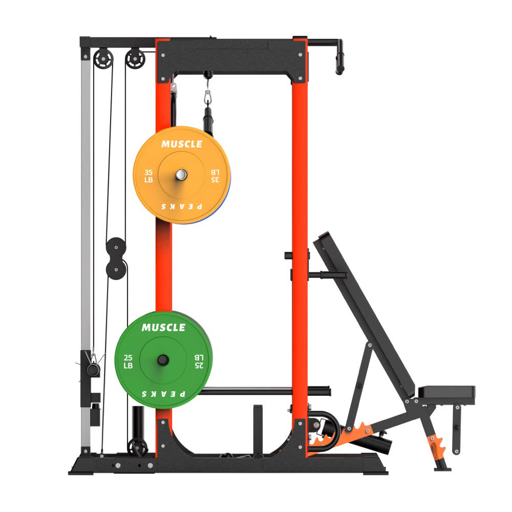 A side view of an all in one home gym power rack 