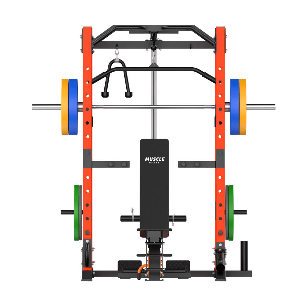 An red and black home gym exercise equipment power rack