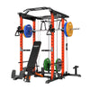 A red and black all in one home gym power rack package.