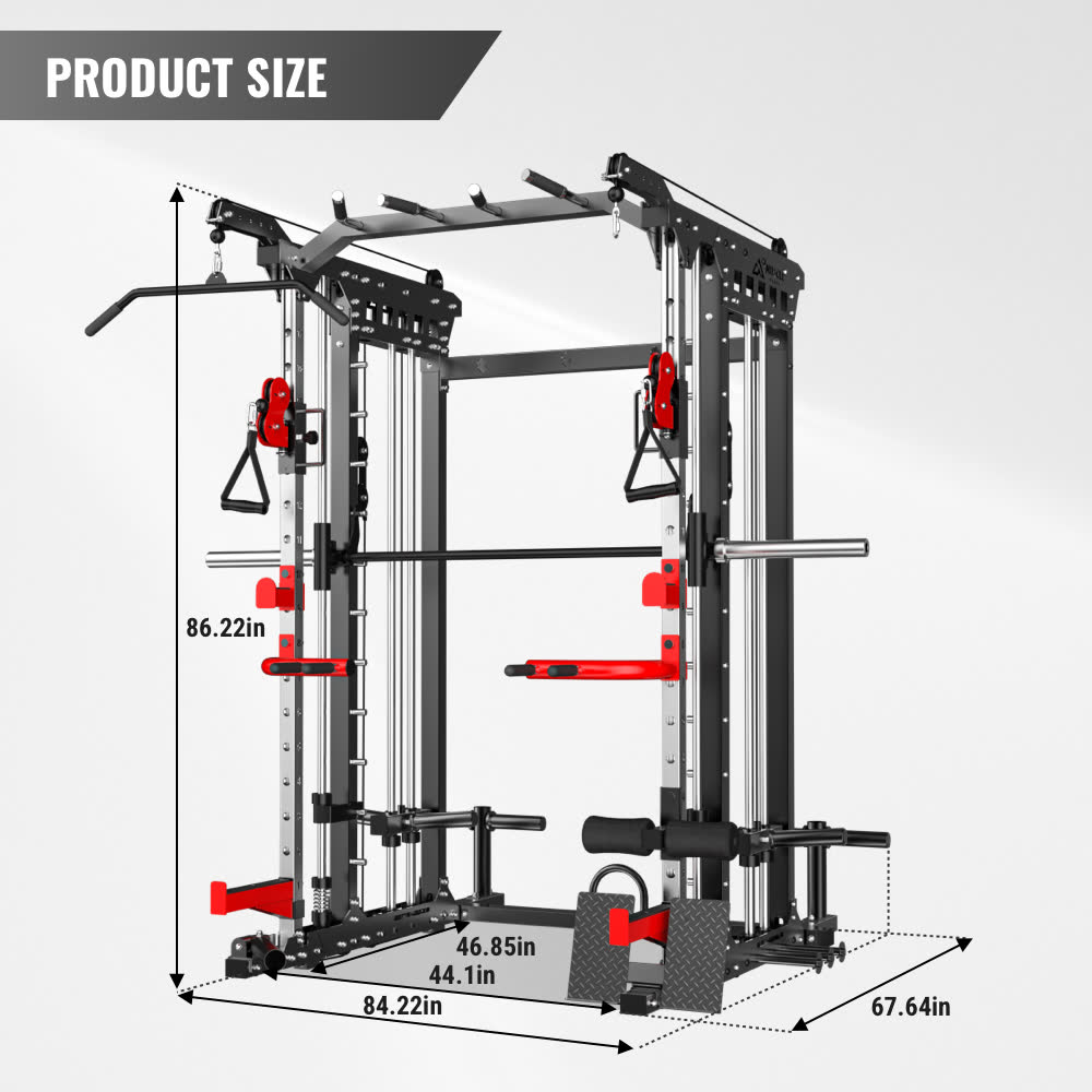 A black all-in-one home gym smith machine muscle peaks