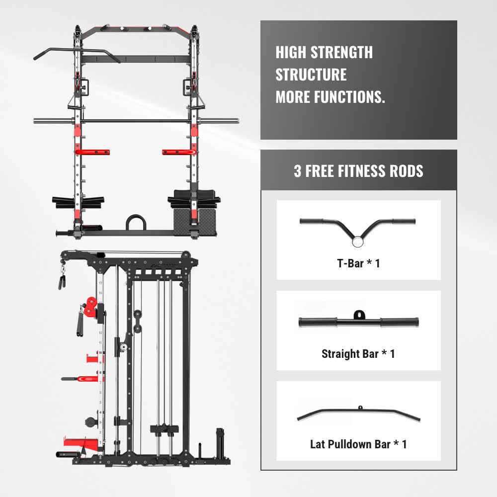 A black all-in-one home gym smith machine muscle peaks