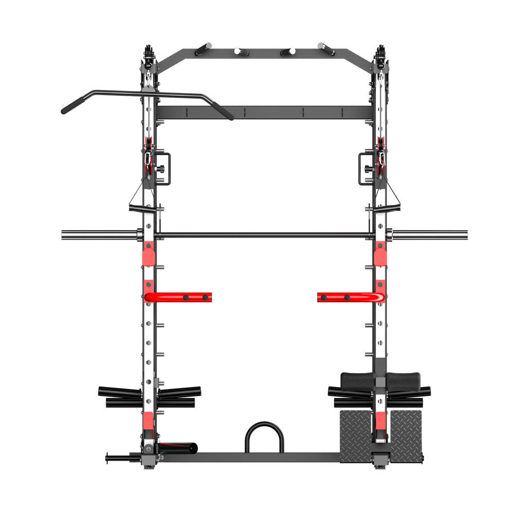 A black all-in-one home gym smith machine muscle peaks