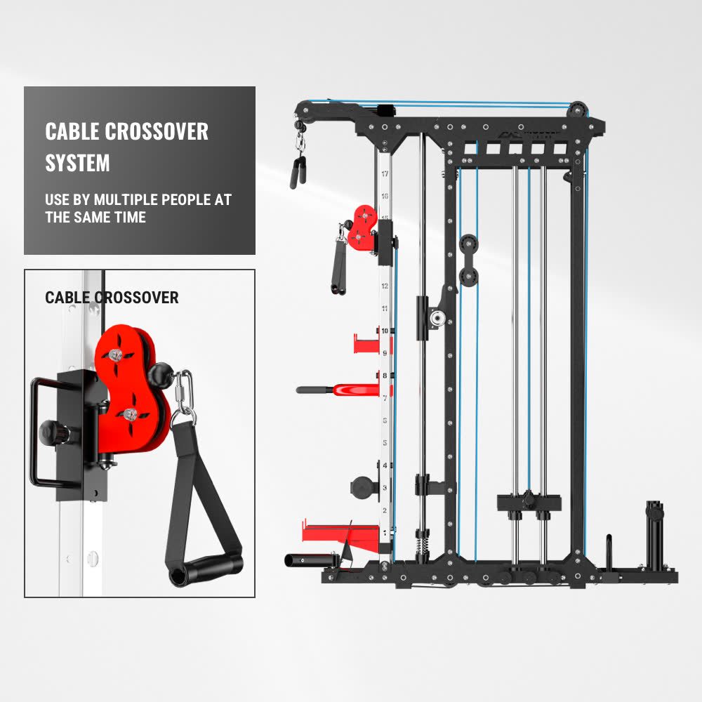 The side view of power rack. You can see the cable crossover system in the black power rack.