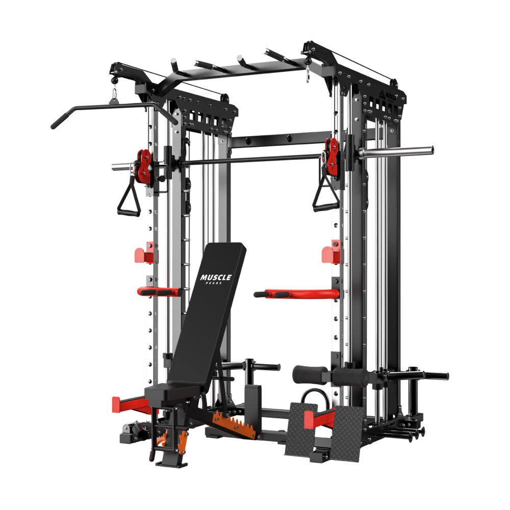 A black all-in-one home gym smith machine muscle peaks