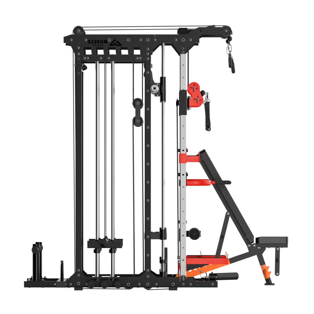 A black all-in-one home gym smith machine muscle peaks