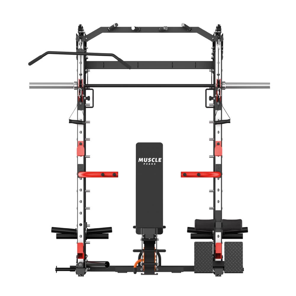 A black all-in-one home gym smith machine muscle peaks