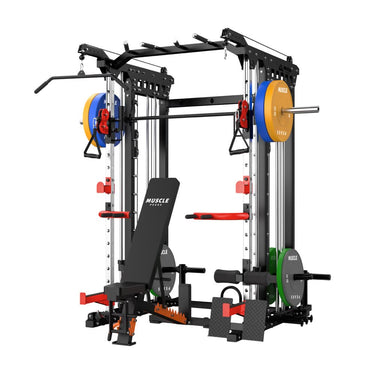 A black all-in-one home gym smith machine muscle peaks