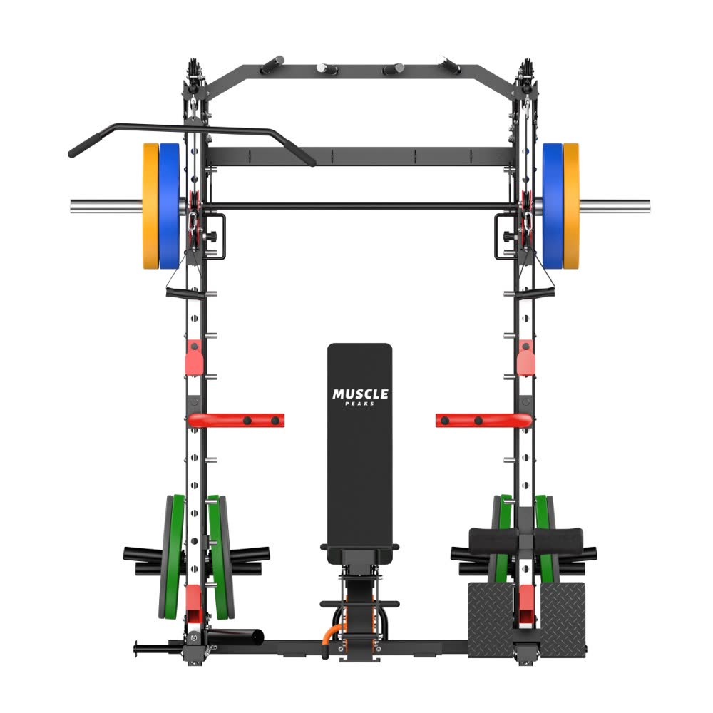 A black all-in-one home gym smith machine muscle peaks