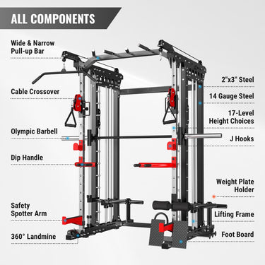 A black cool home gym exericise equipment smith machine which has pull-up bar, cable crossover, J hooks, lifting frame and etc.