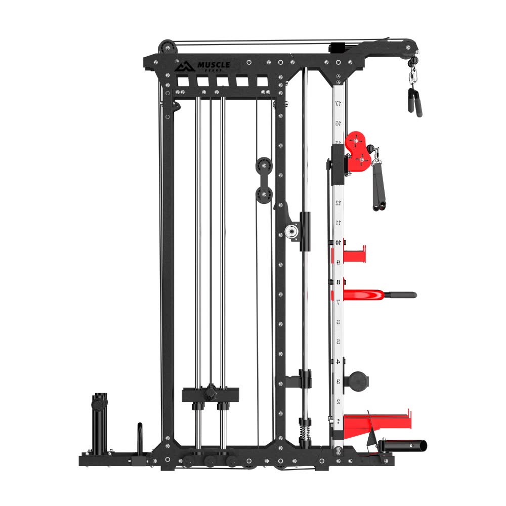 A black all-in-one home gym smith machine muscle peaks