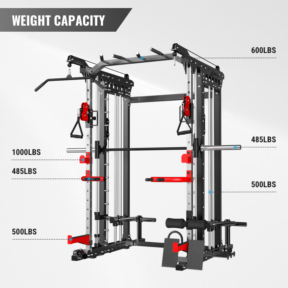 A black all-in-one home gym smith machine muscle peaks