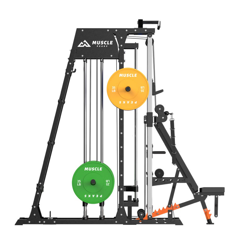 A side view of a black smith machine. This  is an all in one smith machine, you can use the bench and the barbell and the other equipments