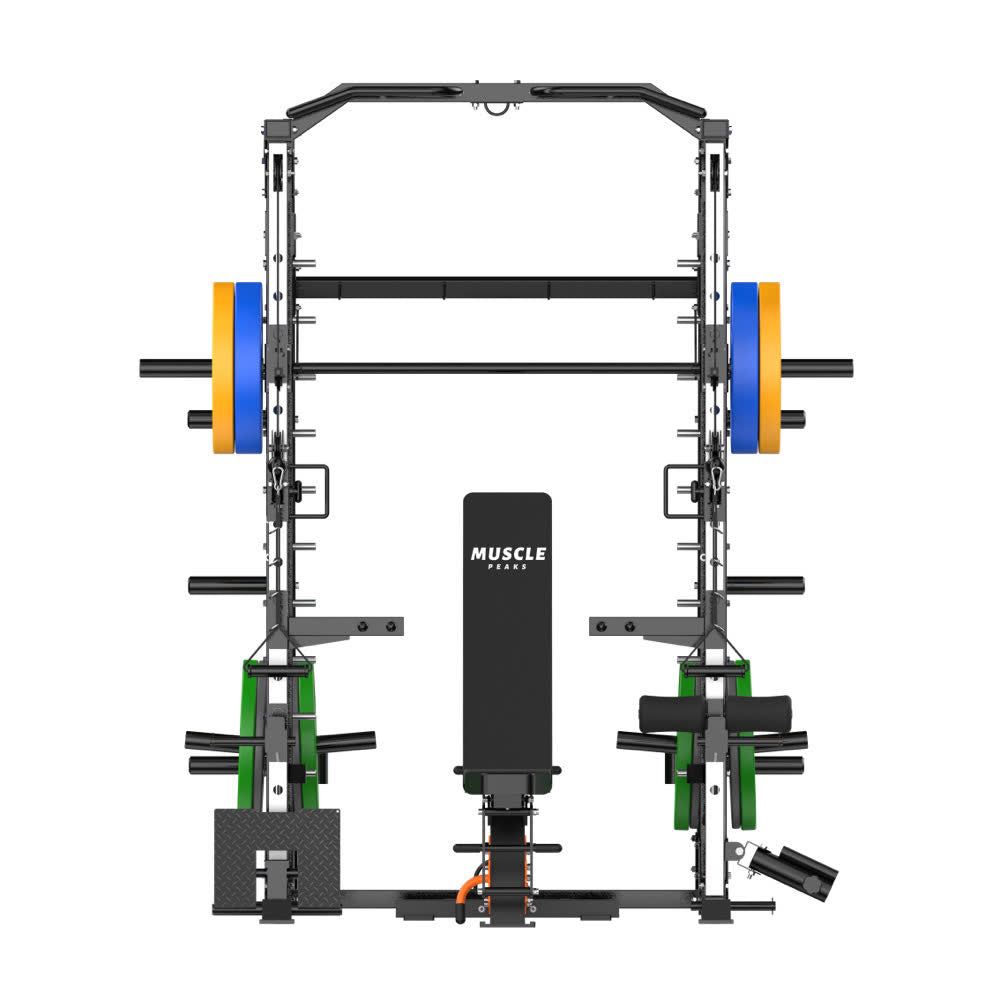 A front view of a black smith machine, you can see all parts in this home gym.