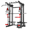 A black all-in-one home gym smith machine muscle peaks