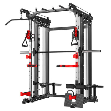 A black all-in-one home gym smith machine muscle peaks