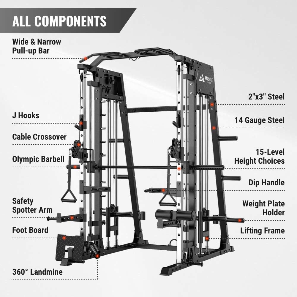 Smith machine's all components. It has pull-up bar, J hooks, cable crossover and etc.