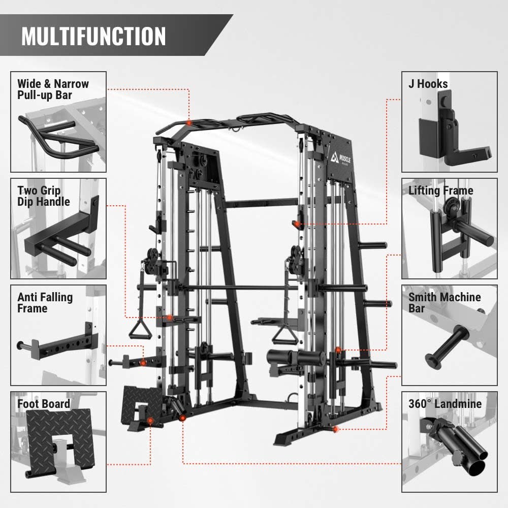 A black smith machine which is multifuctional. It has pull-up bar, 2 grip dip handle, anti falling frame and etc.