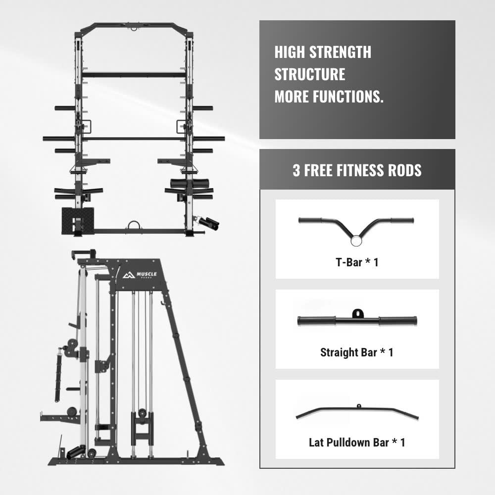 A front view and a side view of a black smith machine which has 3 free fitness rods