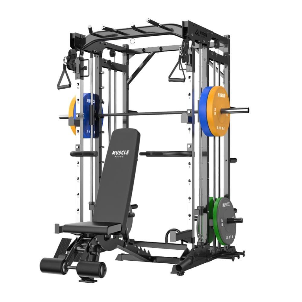 A black and sliver smith machine which has bench and barbell, pull-up and etc.